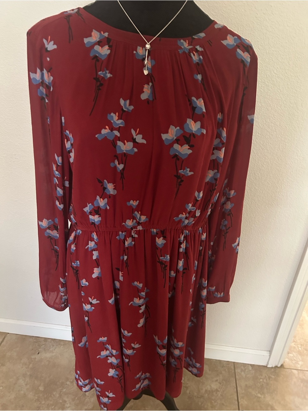 LOFT Burgundy Floral Long-Sleeve Midi Dress
